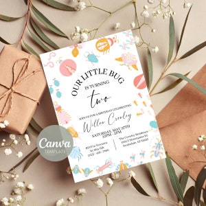 May include: A white invitation card with a colorful bug theme. The text reads "Our Little Bug is Turning Two" and includes details for a birthday party celebrating Willow Crowley. The invitation features a variety of colorful bugs, including ladybugs, butterflies, and ants.