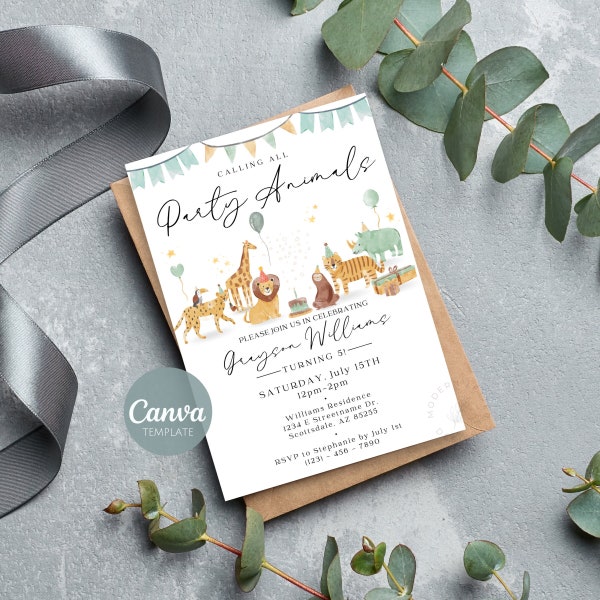 Child's Birthday Invitation Template | Party Animal Invite | Jungle Themed Party | Digital & Printable Invite | Canva