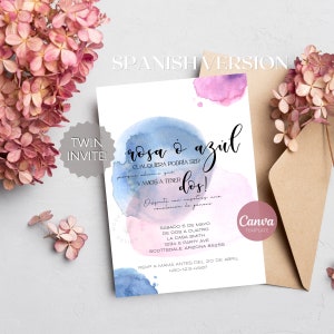 Spanish Twin Gender Reveal Invitation Template | Watercolor | Pink or Blue, Either Will Do! | Printable | Canva