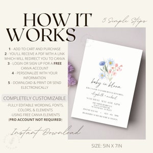 May include: A printable gender reveal invitation with a watercolor floral design in shades of blue, pink, and green. The text reads "baby in bloom" and includes the names "elizabeth & michael" and the date "Saturday, May 6th at 12pm". The invitation is 5 inches by 7 inches.