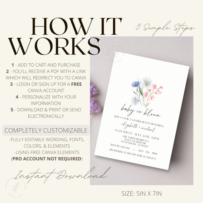 May include: A printable gender reveal invitation with a watercolor floral design in shades of blue, pink, and green. The text reads "baby in bloom" and includes the names "elizabeth & michael" and the date "Saturday, May 6th at 12pm". The invitation is 5 inches by 7 inches.