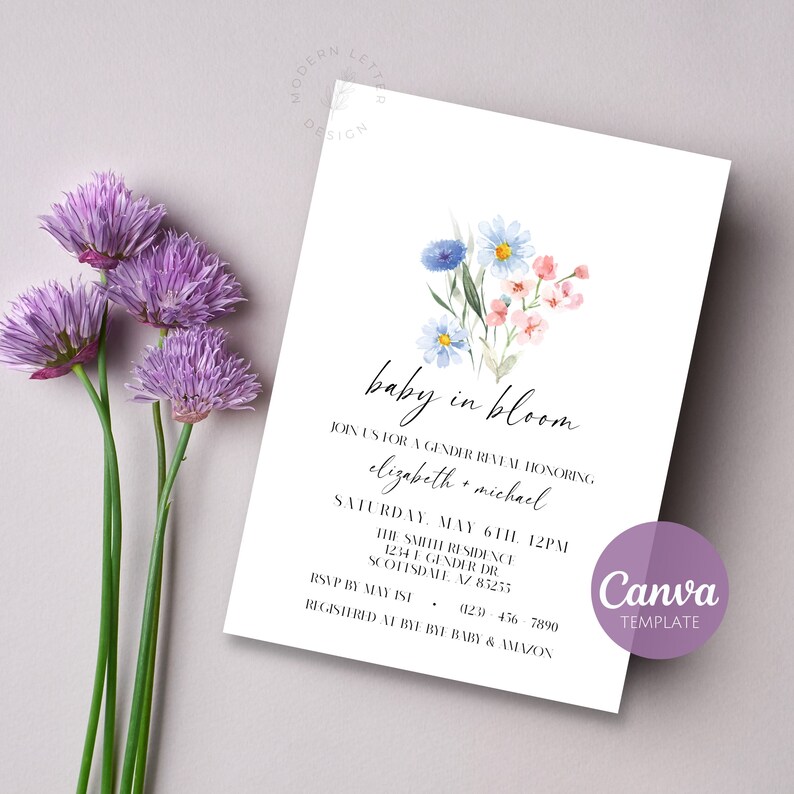 Gender Reveal Invitation Template | Baby In Bloom | Flower Themed Party | Digital & Printable Invite | Canva image 2