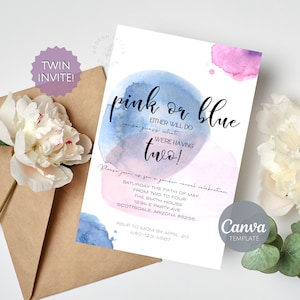 Twin Gender Reveal Invitation Template | Watercolor | Pink or Blue, Either Will Do! | Printable | Canva