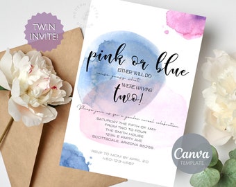 Twin Gender Reveal Invitation Template | Watercolor | Pink or Blue, Either Will Do! | Printable | Canva