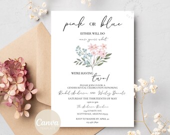 Twin Gender Reveal Invitation Template | Pink or Blue, We're Having Two! | He or She Floral Themed Party | Digital Printable Invite | Canva