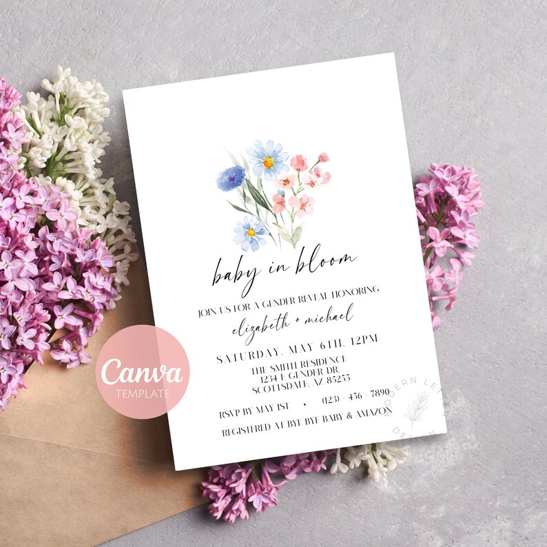 May include: A gender reveal party invitation with a floral design. The invitation reads "baby in bloom" and includes the names "elizabeth + michael". The event is scheduled for Saturday, May 6th at 12pm at the Smith Residence, 1234 E Gender Dr, Scottsdale, AZ 85255. RSVP by May 1st at 425-946-7890. Registered at Bye Bye Baby & Amazon.
