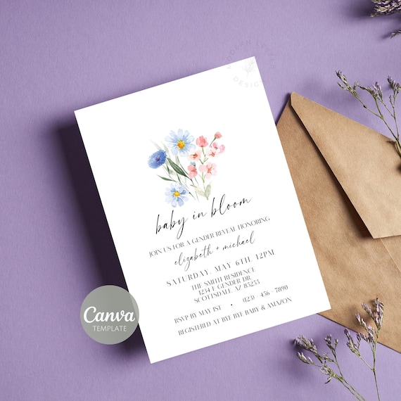 Gender Reveal Invitation Template | Baby In Bloom | Flower Themed Party | Digital & Printable Invite | Canva