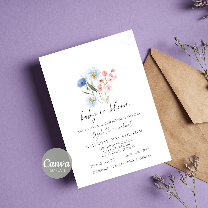 May include: A gender reveal party invitation with a floral design. The invitation reads "baby in bloom" and includes the names "elizabeth + michael". The event is scheduled for Saturday, May 6th at 12pm at The Smith Residence, 1234 E Gender Dr, Scottsdale, AZ 85235. RSVP by May 1st. Registered at Buy Buy Baby & Amazon.