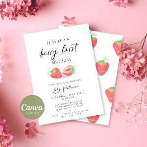 Baby&#39;s First Birthday Invitation Template | Berry First Birthday | Strawberry Themed Party | Digital & Printable Invite | Canva