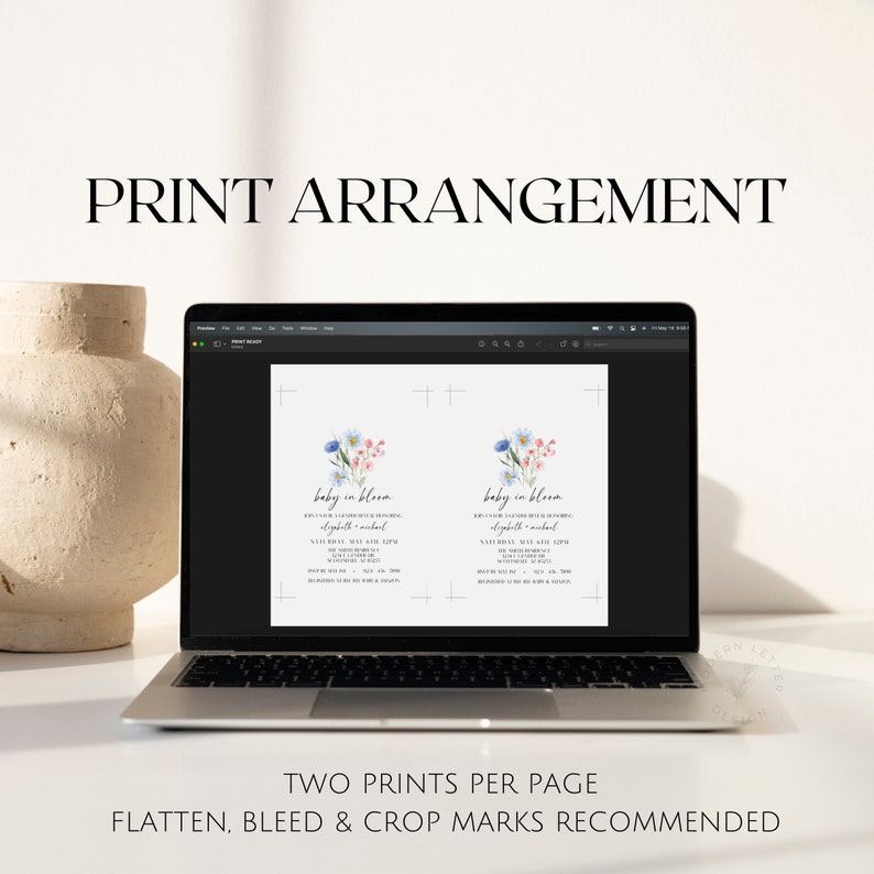May include: A computer screen displaying a printable design for a baby shower invitation. The design features a watercolor illustration of flowers and the text "baby in bloom". The text "Two prints per page" is displayed below the screen.