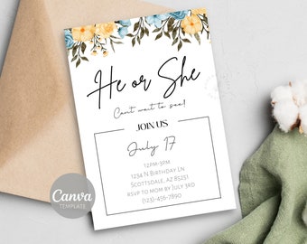 Floral Gender Reveal Invitation Template | He or She? | Printable | Canva