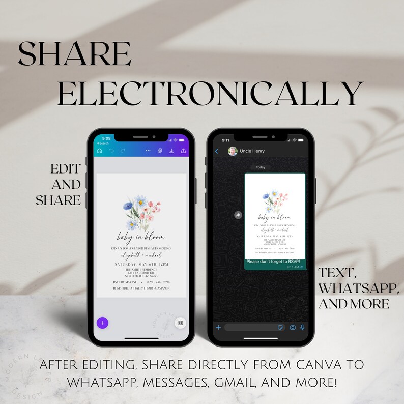 May include: A digital mockup of a baby shower invitation on a smartphone screen. The invitation features a watercolor illustration of flowers and the text "baby in bloom". The invitation is being shared electronically via a messaging app.