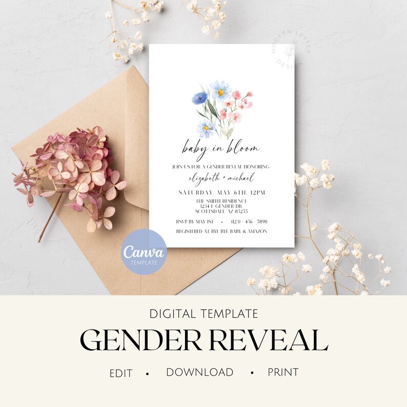 Gender Reveal Invitation Template | Baby In Bloom | Flower Themed Party | Digital & Printable Invite | Canva image 4