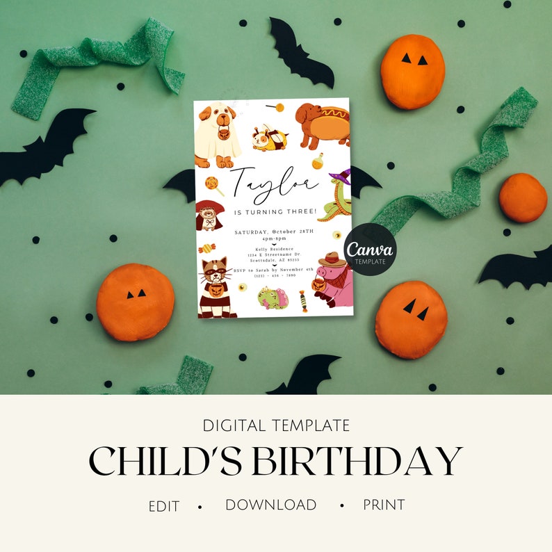 Halloween Birthday Invitation Template Costume Party Gender Neutral Invite Party Animal Bday