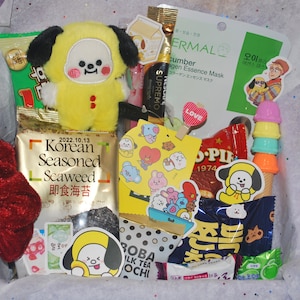 Kpop BTS Korean Snacks Food Mystery Box | Army BT21 Plush, Snacks, Stickers, Goodie Bundle, Personalized Gift Idea