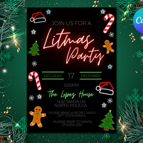 Litmas Party Urlaub Einladung, Weihnachtsbeleuchtung Party, Weihnachts Neon Einladung, bearbeitbare Weihnachtsparty Vorlage