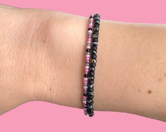 Set pulseras Pink Black, pulseras de cuentas Miyuki, pulseras de cuentas de semillas apilables, pulsera de cuentas elásticas, pulseras minimalistas, regalo hecho a mano