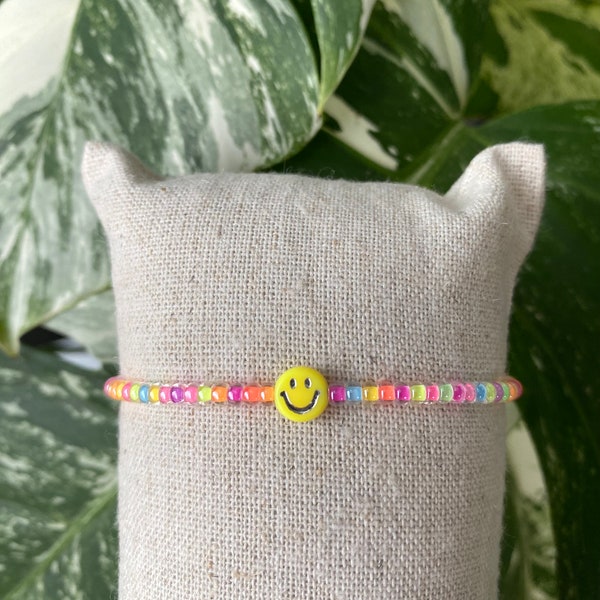 Smiley neon rainbow seed bead bracelet, Miyuki bracelet, stackable seed bead bracelets, stretch beaded bracelet, minimalist bracelets, gift