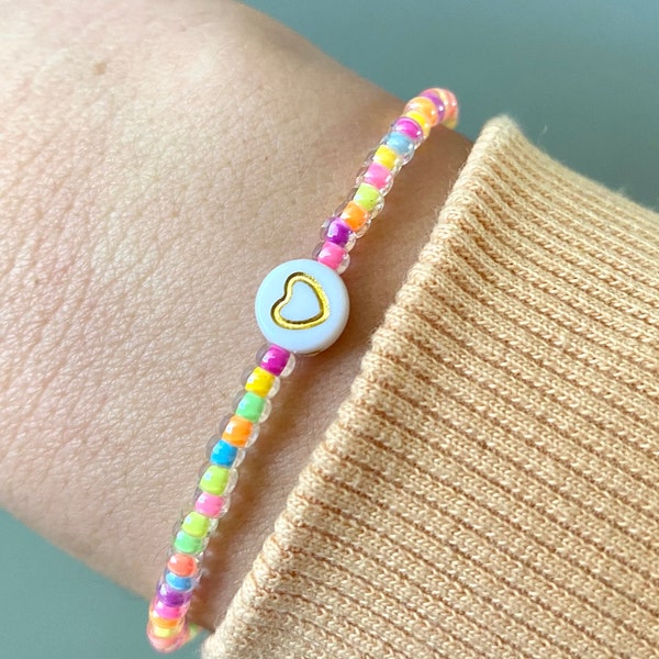 Heart neon seed bead bracelet, Miyuki bead bracelet, stackable seed bead bracelets, stretch beaded bracelet, minimalist bracelet, gift