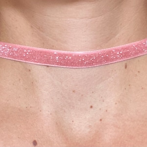 Ribbon choker pink and silver, silver glitter necklace, minimalist necklace, choker necklace, handmade gift