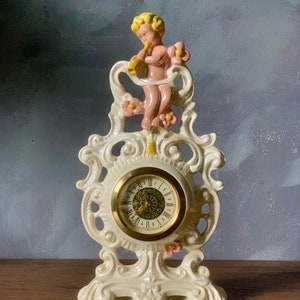 vintage Alana German Porcelain Mantel decorative clock hand painted, Victorian Style Ornate Tabletop Clock, Free Shipping
