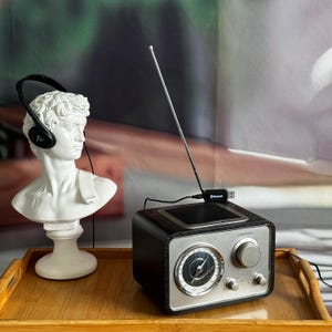 Peut inclure: Un buste en plâtre blanc de David portant un casque audio noir, placé à côté d'une radio Crosley noire et argentée avec une longue antenne métallique et un adaptateur Bluetooth noir branché sur le panneau supérieur de l'appareil radio.