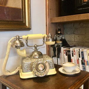 Antique rotary dial vintage landline telephone - Cream Yellow with Elegant Silver Metal Filigree, FREE SHIPPING