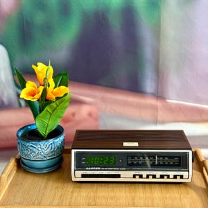 Może przedstawiać: Vintage radiobudzik elektroniczny marki Lloyd's z ciemnobrązową górą o fakturze drewna, czarnym panelem przednim z zielonym wyświetlaczem cyfrowym i analogowym tunerem radiowym. Obok znajduje się niebieska ceramiczna doniczka z żółtymi kwiatami.