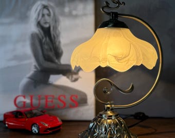 14” Vintage Art Nouveau Table Lamp Curved Metal Base with Elegant Lotus Shaped Glass Lampshade retro home decor FREE SHIPPING