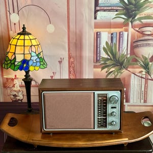May include: A vintage Realistic brand tabletop radio with a dark wood grain cabinet, a brown fabric speaker grille, and a silver control panel featuring a vertical tuning dial, three circular knobs, and AM/FM frequency markings on the front.
