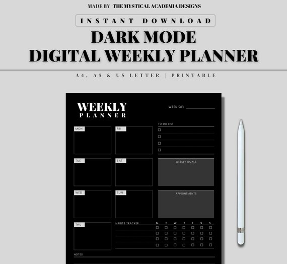 Dark Mode Digital Weekly Planner Digital Download Goodnotes Etsy