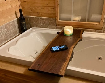 Live edge bathtub tray, bath caddy and charcuterie board dual function, Walnut, aromatic cedar, roasted maple. Free domestic delivery