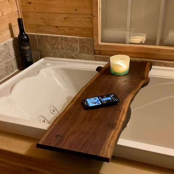 Live edge bathtub tray, bath caddy and charcuterie board dual function, Walnut, aromatic cedar, roasted maple. Free domestic delivery