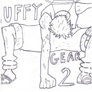 Peut inclure: Un dessin au trait noir et blanc d'un personnage de dessin animé avec le texte "Luffy Gear 2" écrit en dessous. Le personnage est en position accroupie, un bras levé et l'autre plié au coude.