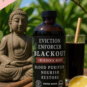 May include: A dark glass bottle with a black label reading "EVICTION ENFORCER BLACKOUT +BURDOCK ROOT". A glass of dark liquid, lemon, and a wooden bowl with fruit are also visible. The bottle contains 16 oz (473 ml).