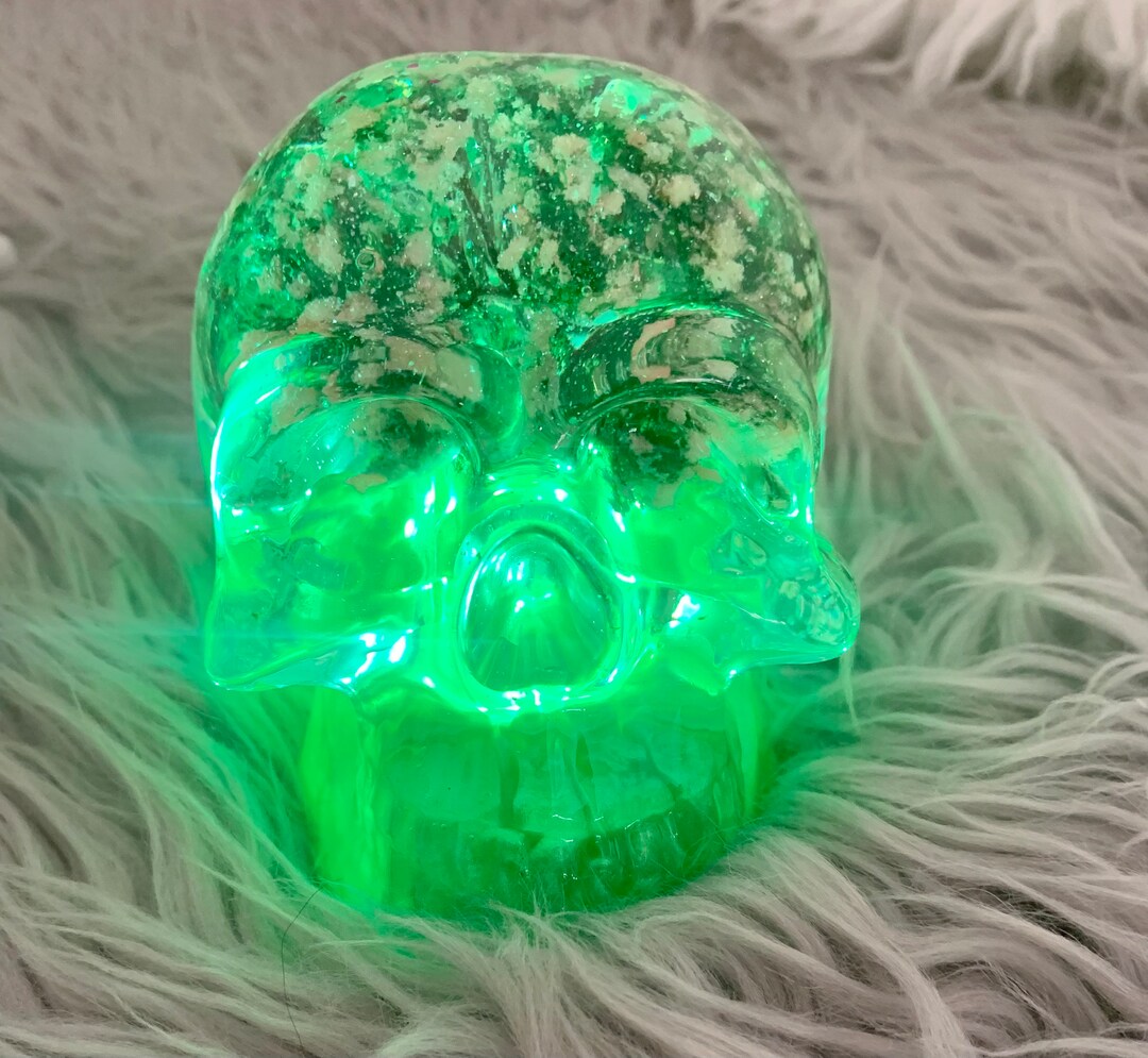 Green Light up Resin Skull, Motorcycle Accessory, Paperweight, Door