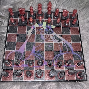 Resin chess set with holographic Eeyore image, strategic game, gift, family game night, unique chess board, handcrafted chess set