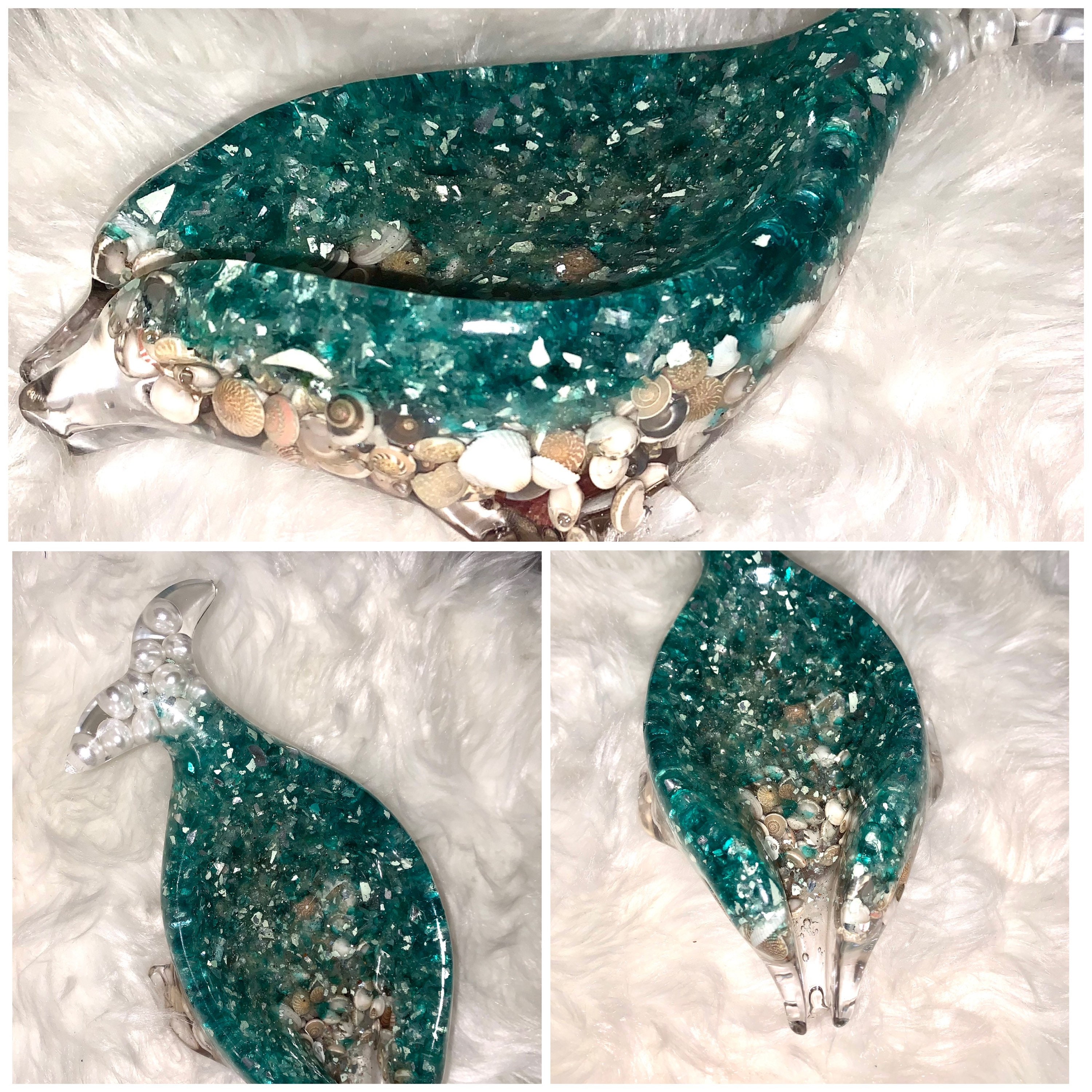 Green Glass and Shells Soap Dish With Dolphin Design Etsy