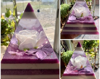 White rose and purple pyramid, resin pyramid, patriotic decor, July 4th decor, paperweight, door stop