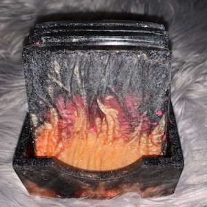 Resin coasters,  coasters with storage tray,  black resin coasters, flames design, coasters set of four
