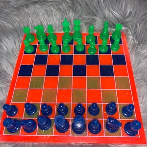 Neon colors chess set, resin chess set, family game night, strategy game,  gift, hand crafted chess set, unique chess set.