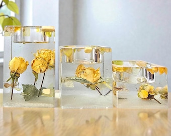 Handmade Resin Candle Holders with Crystals and dried Yellow Roses