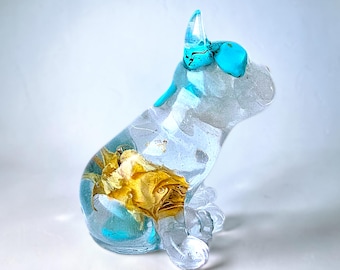 Turquoise Rose Guardian Pup – Mini Resin Dog with Real Roses, Turquoise, Moonstone & Clear Quartz