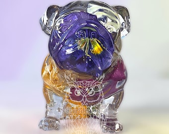 Floral Resin Bulldog Figurine – Real Dried Flowers, Cottagecore Decor, Whimsical Handmade Collectible