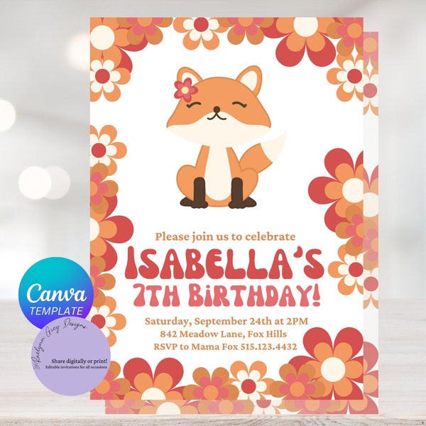 Editable Groovy Fox Birthday Party, Fox Invitation, Groovy Fox Birthday party Invitation,Instant Download, Canva Digital Download, Printable