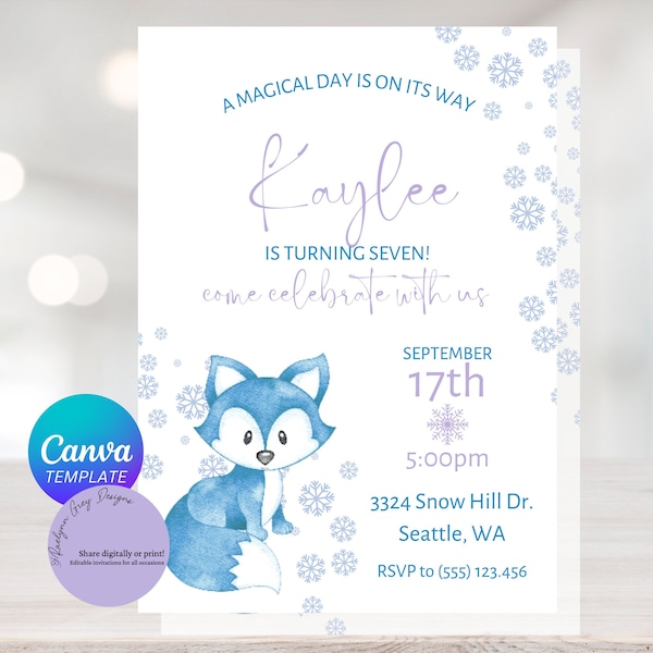 Editable Snow Fox, Artic Fox Invitation, Winter fox party Invitation, Fox birthday invite,Instant Download,Canva Digital Download, Printable