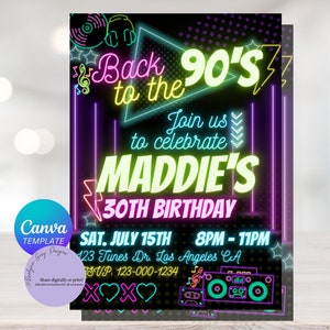 Editable 90s Neon Party, 90s Birthday Invitation, 90s Party,Colorful 90s Party Invitation,Instant Download,Canva Digital Download, Printable