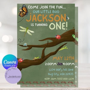 Editable Little Bug Party, Bug Invitation, First Birthday Invitation, Cute Bug Invite, Instant Download, Canva Digital Download, Printable