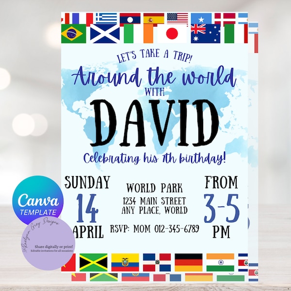 Editable Around the World, Adventurer, World Flags Invitation, Travel party Invitation, Instant Download, Canva Digital Download, Printable