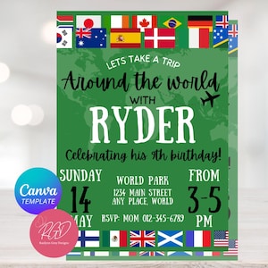 Bewerkbaar rond de wereld, avonturier, uitnodiging wereldvlaggen, uitnodiging reisfeest, Instant Download, digitale download Canva, Afdrukbaar